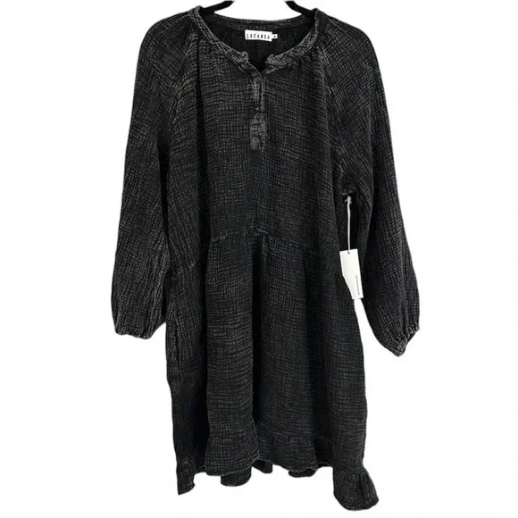 NWT LACAUSA Gauze Black Mineral Wash Organic Cotton Long Sleeves Dress Sz M - Picture 2 of 14